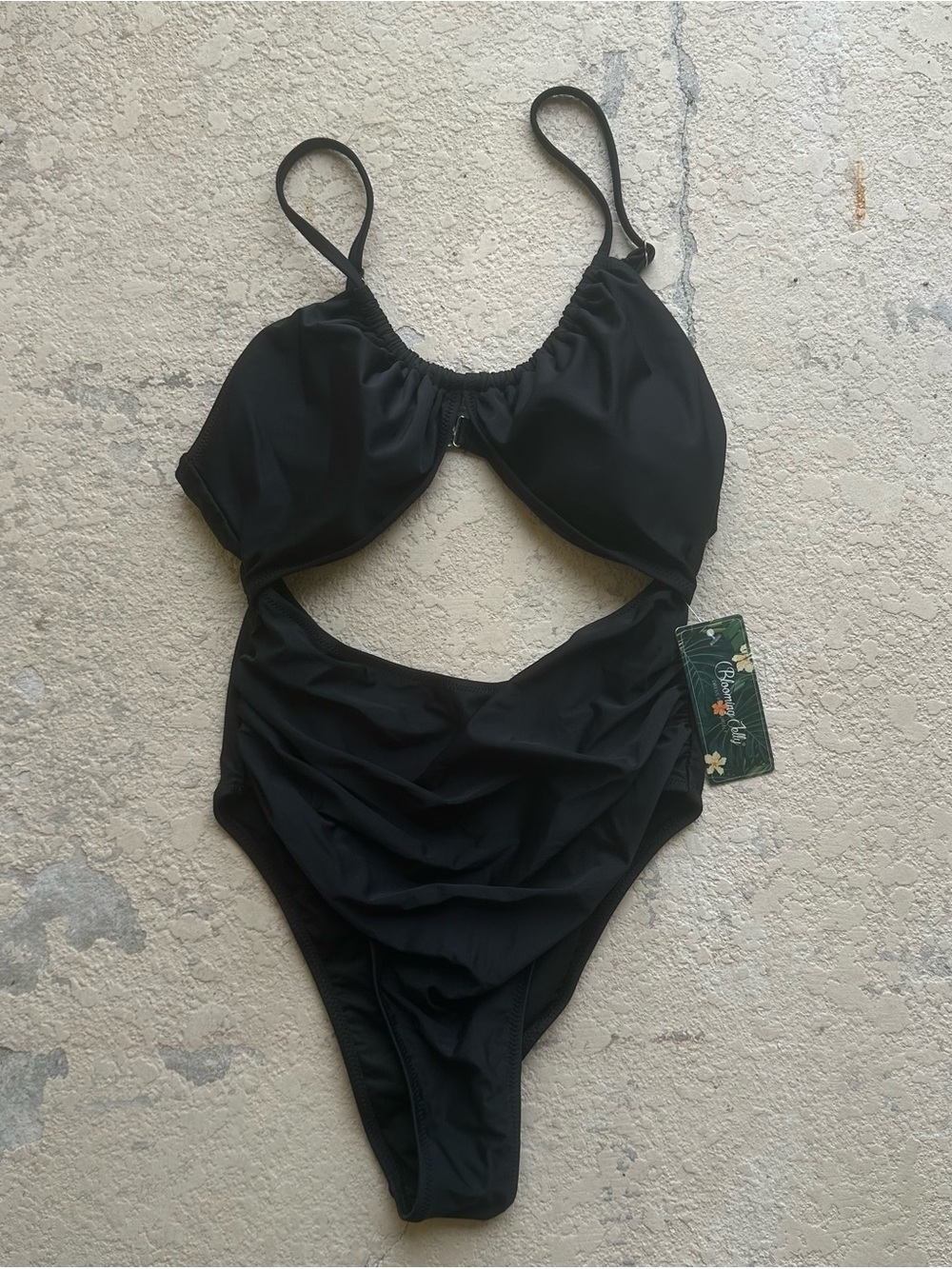 Black Cutout One-Piece Swimsuit with Ruched Midsection - Picture 2 of 7